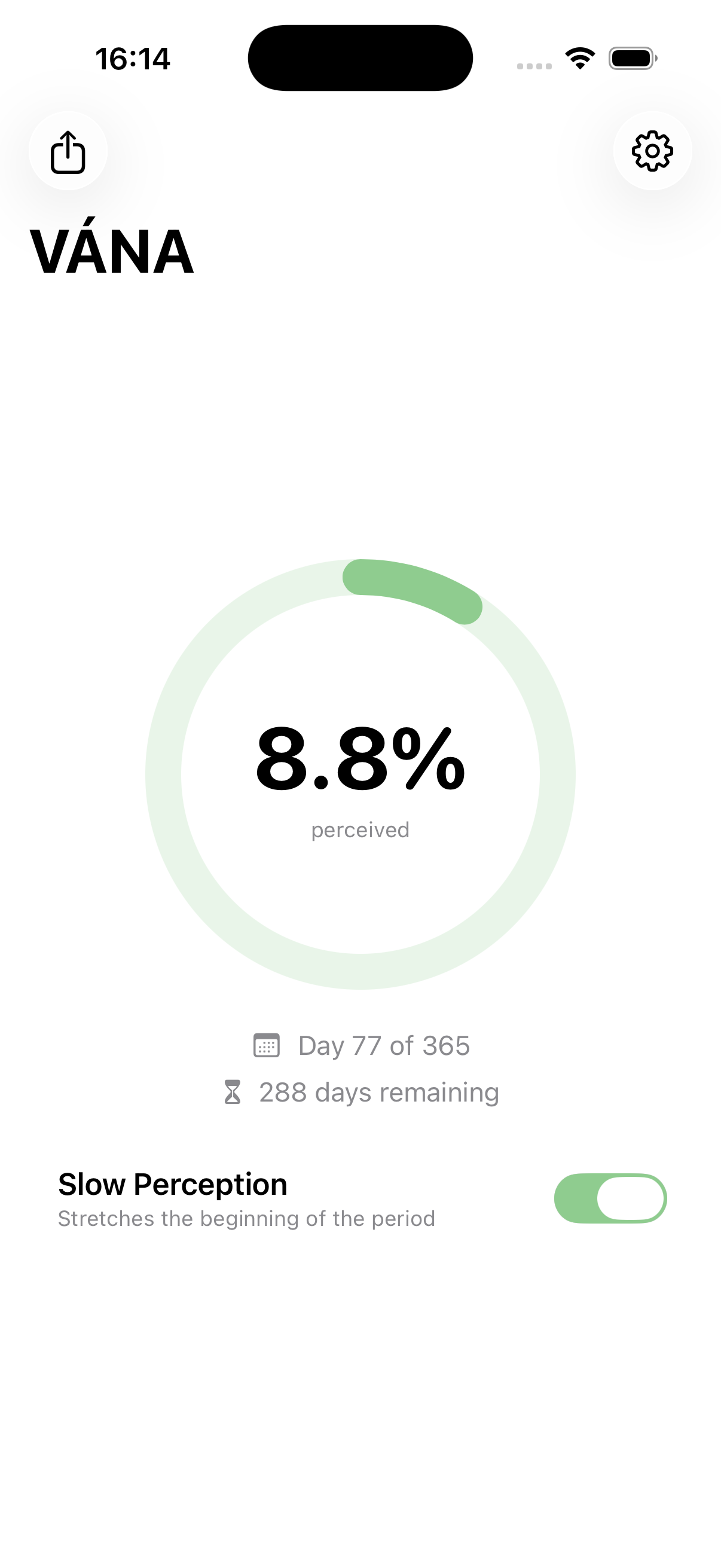 VÁNA main screen showing year progress ring