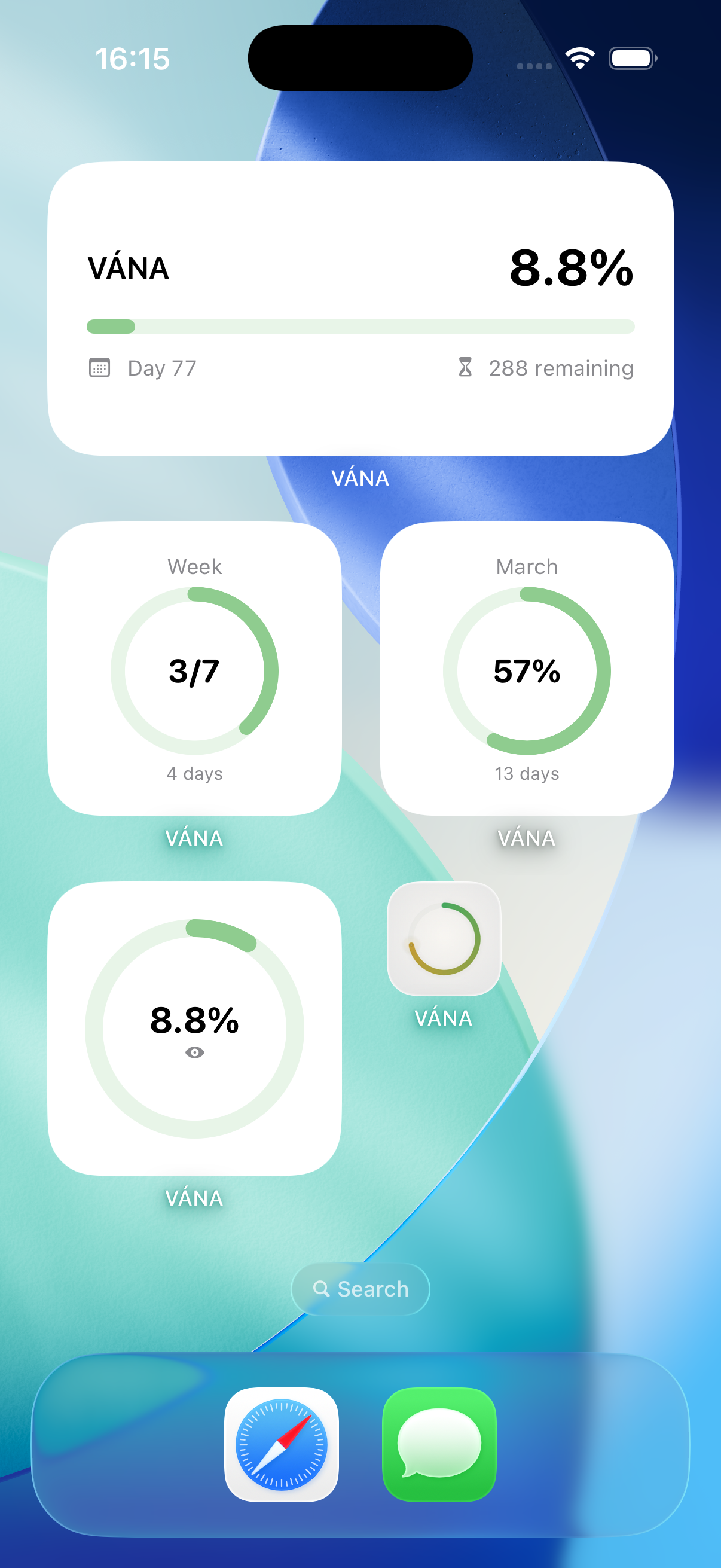 VÁNA widgets on Home Screen